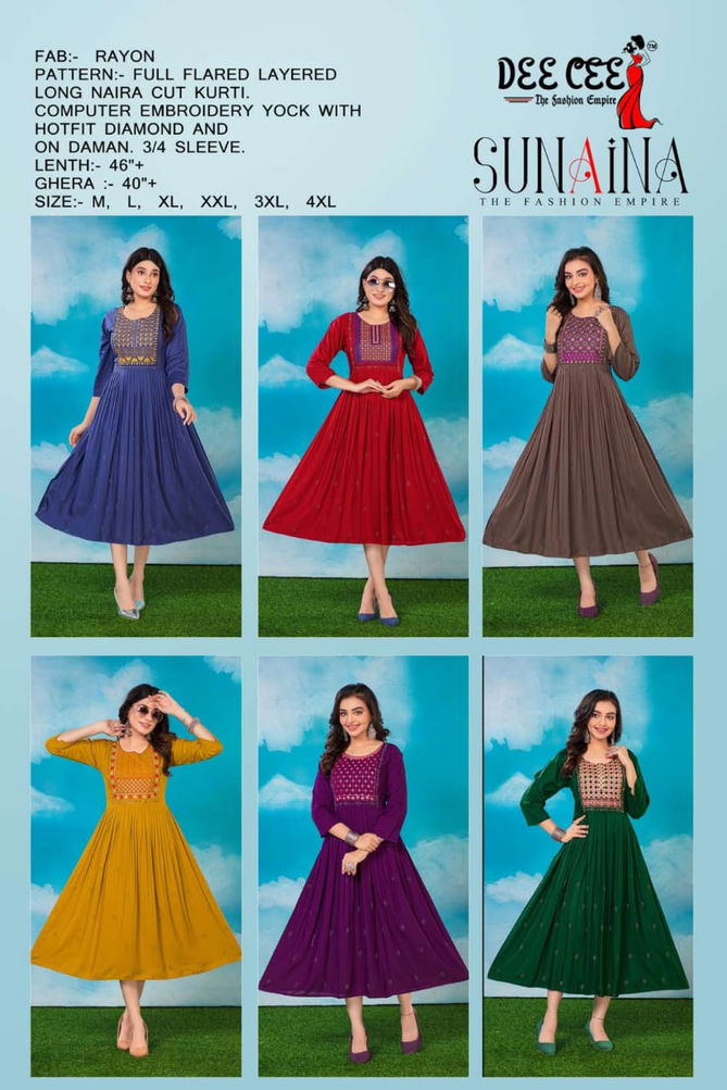 Sunaina By Deecee Rayon Naira Cut Embroidery Kurtis Catalog